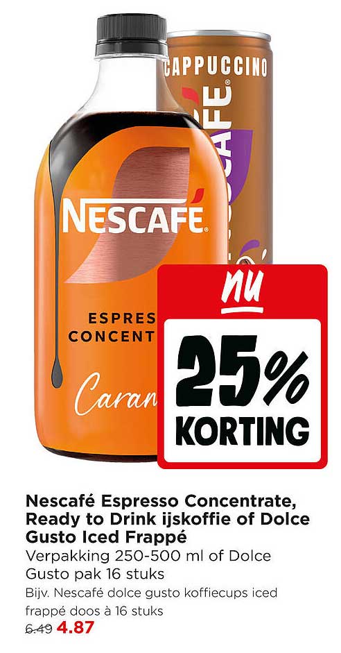 Nescafé Espresso Concentrate, Ready to Drink ijskoffie of Dolce Gusto Iced Frappé 25% korting