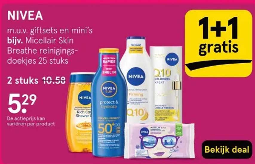 NIVEA m.u.v. giftsets en mini's bijv. Micellair Skin Breathe reinigings-doekjes 25 stuks 1+1 gratis