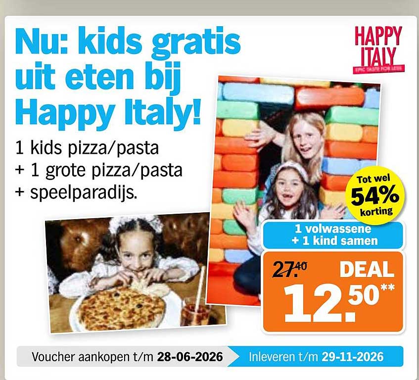 Nu: kids gratis uit eten bij Happy Italy! 1 kids pizza/pasta + 1 grote pizza/pasta + speelparadijs.