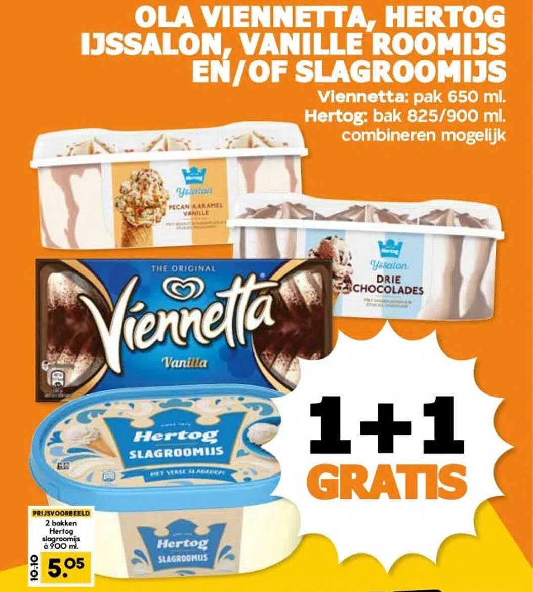 OLA VIENNETTA, HERTOG IJS SALON, VANILLE ROOMIJS EN/OF SLAGROOMIJS 1+1 GRATIS
