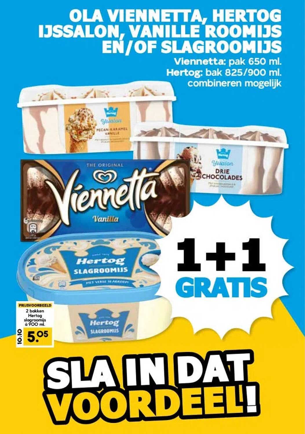 OLA VIENNETTA, HERTOG IJSSALON, VANILLE ROOMIJS EN/OF SLAGROOMIJS 1+1 GRATIS