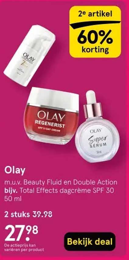 Olay m.u.v. Beauty Fluid en Double Action bijz. Total Effects dagcrème SPF 30 50 ml 2e artikel 60% korting