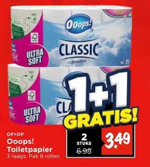 Ooops! Toiletpapier 3-laags. Pak 8 rollen 1+1 GRATIS!