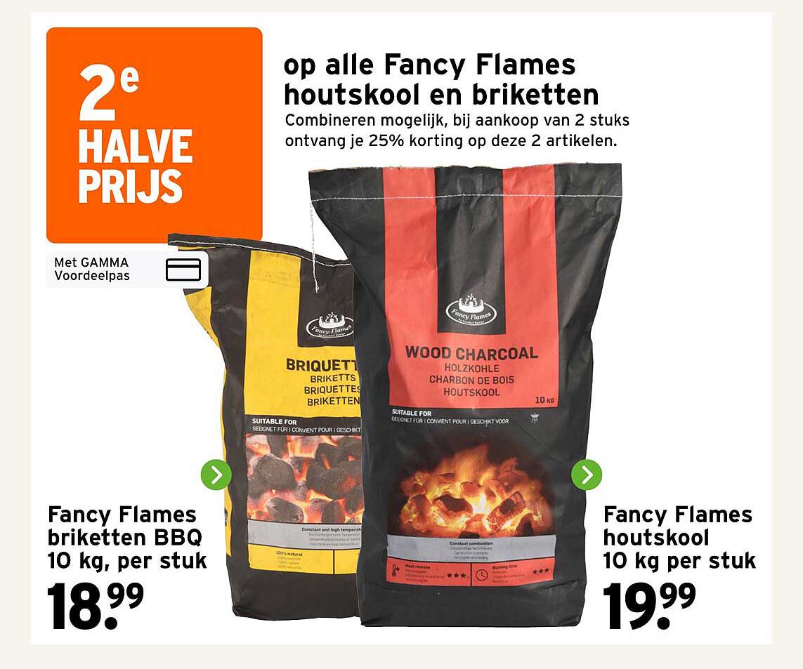 op alle Fancy Flames houtskool en briketten 2e halve prijs