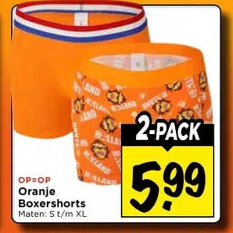 Op=op Oranje Boxershorts Maten: S t/m XL 2-pack