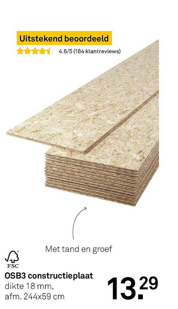 OSB3 constructieplaat dikte 18 mm, afm. 244x59 cm