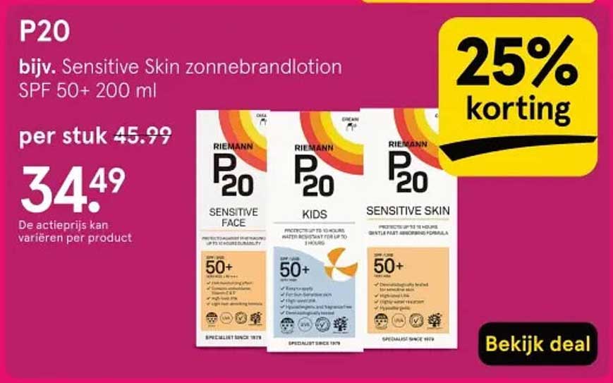 P20 Sensitive Skin zonnebrandlotion SPF 50+ 200 ml 25% korting