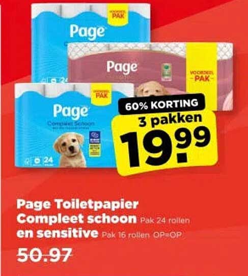 Page Toiletpapier Compleet schoon en sensitive Pak 24 rollen Pak 16 rollen OP=OP 60% KORTING