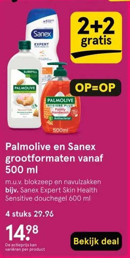 Palmolive en Sanex grootformaten vanaf 500 ml 2+2 gratis