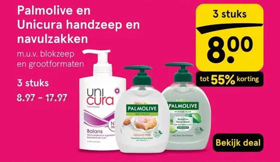 Palmolive en Unicura handzeep en navulzakken m.u.v. blokzeep en grootformaten 3 stuks tot 55% korting