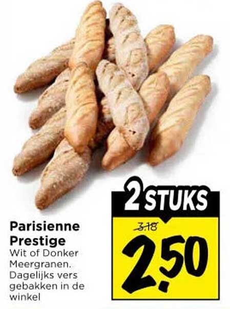 Parisienne Prestige Wit of Donker Meergranen. Dagelijks vers gebakken in de winkel 2 STUKS