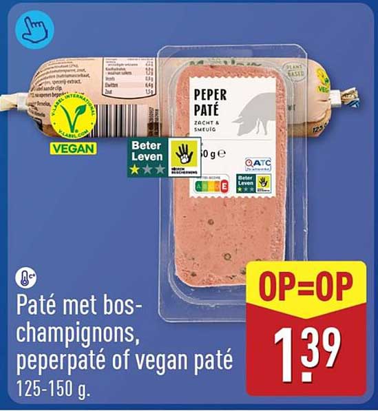 Paté met boschampignons, peperpaté of vegan paté 125-150 g. OP=OP