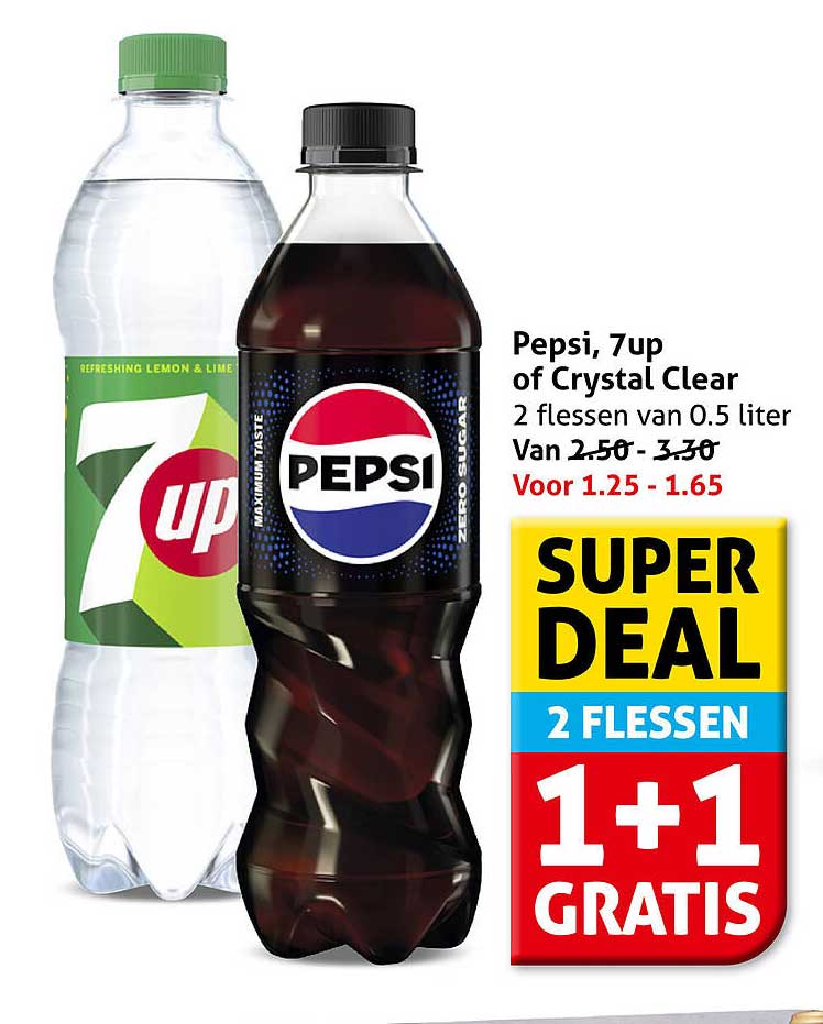 Pepsi, 7up of Crystal Clear 2 flessen van 0.5 liter 1+1 gratis