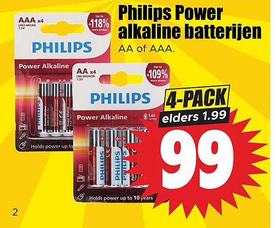 Philips Power alkaline batterijen AA of AAA. 4-PACK elders 1.99