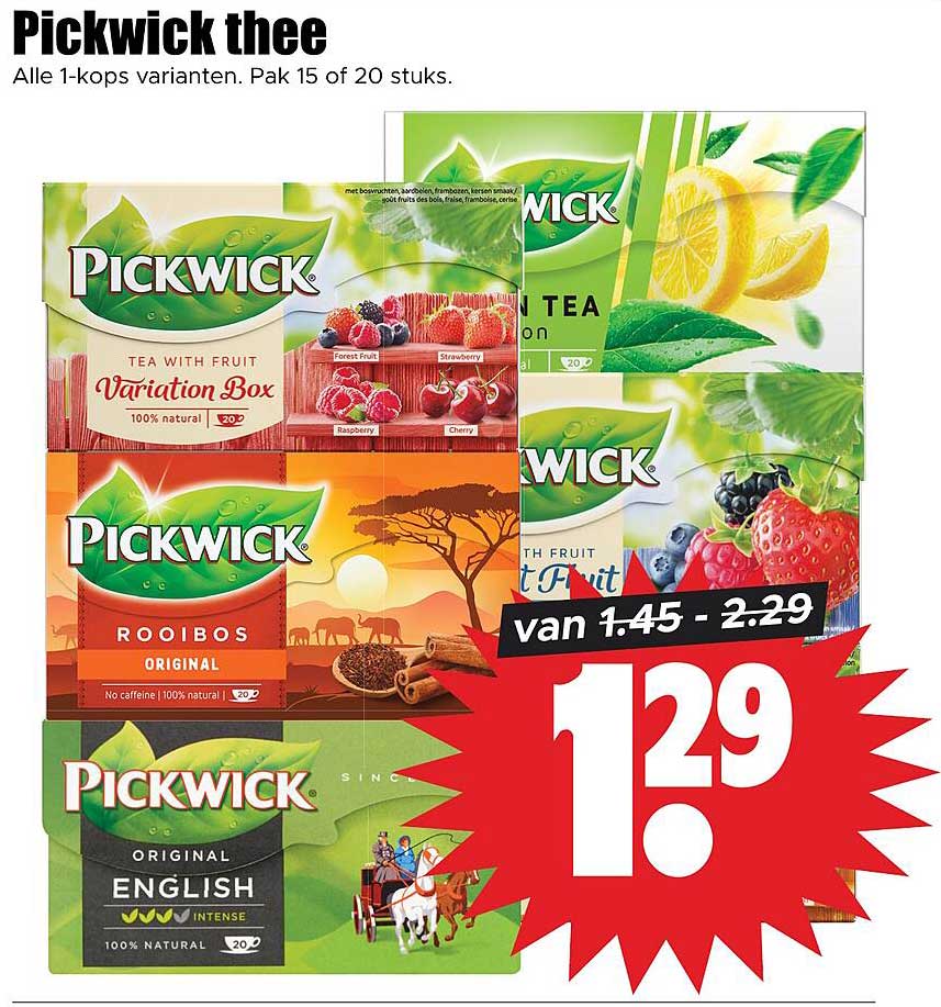 Pickwick thee Alle 1-kops varianten. Pak 15 of 20 stuks.