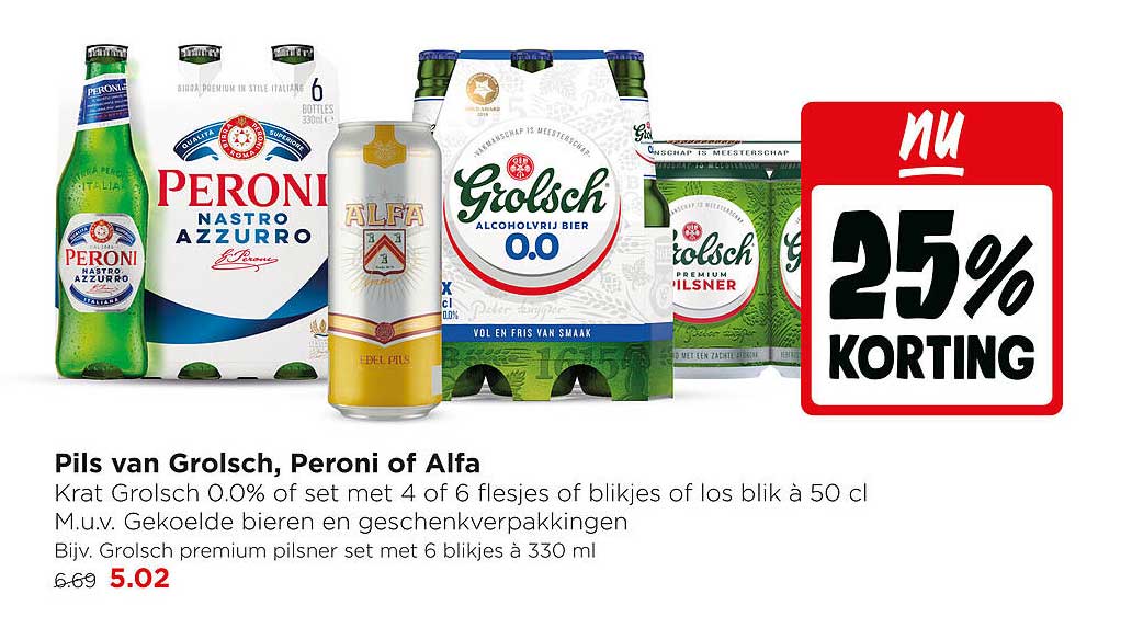 Pils van Grolsch, Peroni of Alfa 25% KORTING