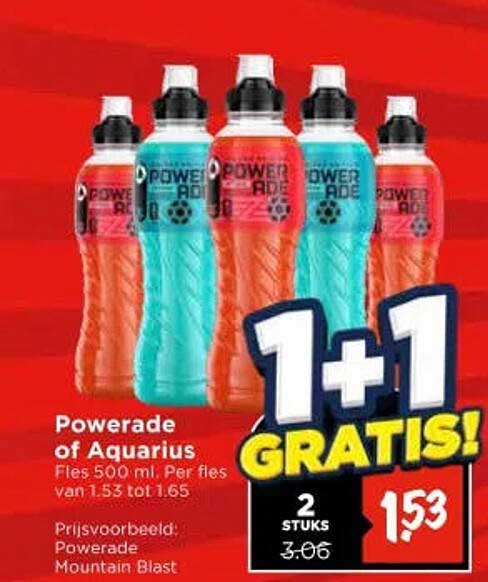 Powerade of Aquarius Fles 500 ml. Per fles van 1.53 tot 1.65 1+1 GRATIS