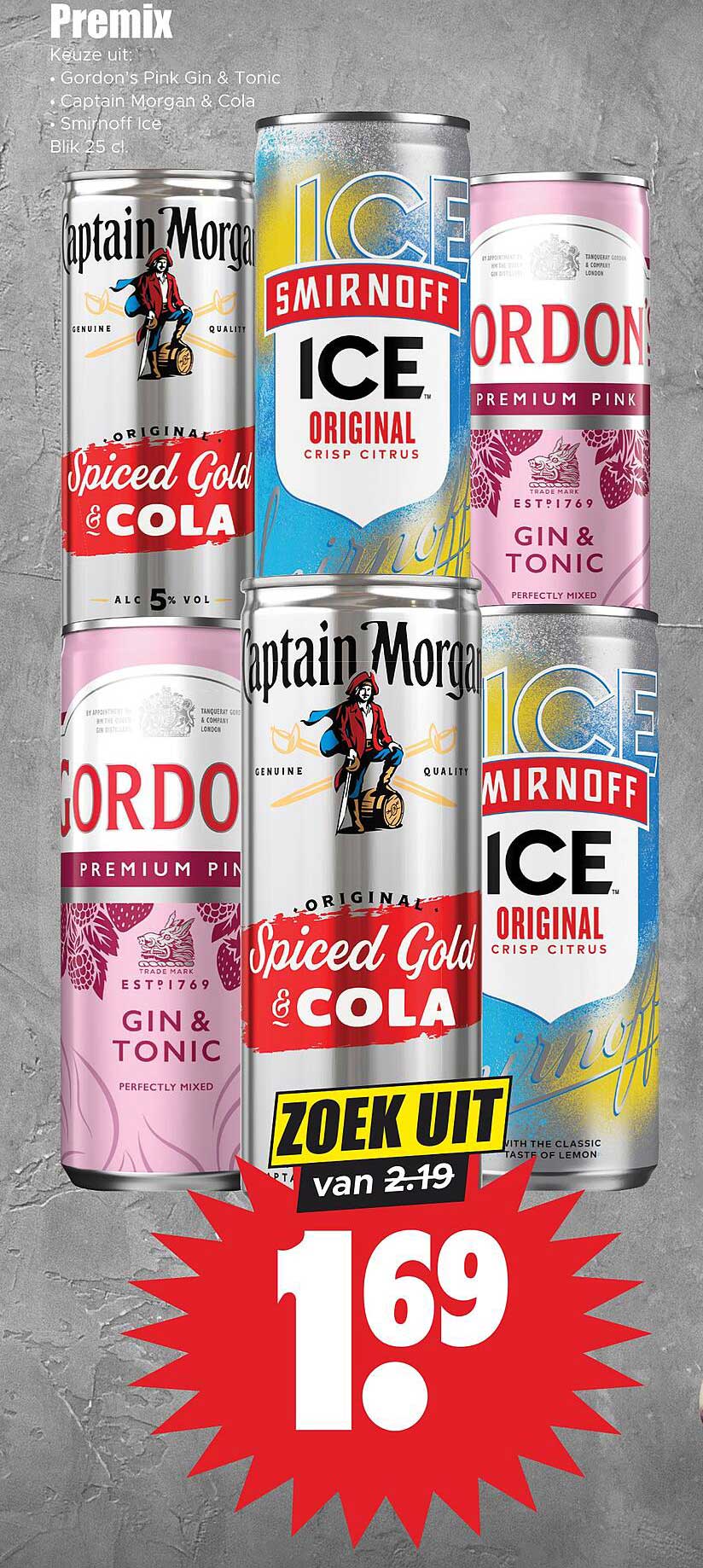 Premix Keuze uit: Gordon's Pink Gin & Tonic, Captain Morgan & Cola, Smirnoff Ice Blik 25 cl. ZOEK UIT