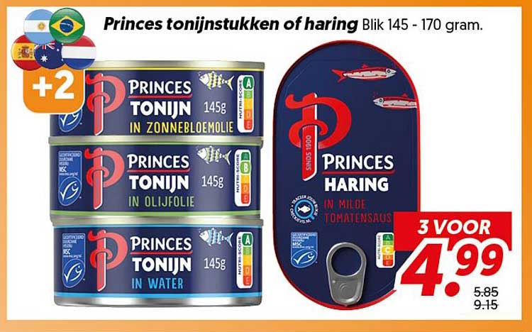 Princes tonijnstukken of haring Blik 145 - 170 gram. 3 VOOR