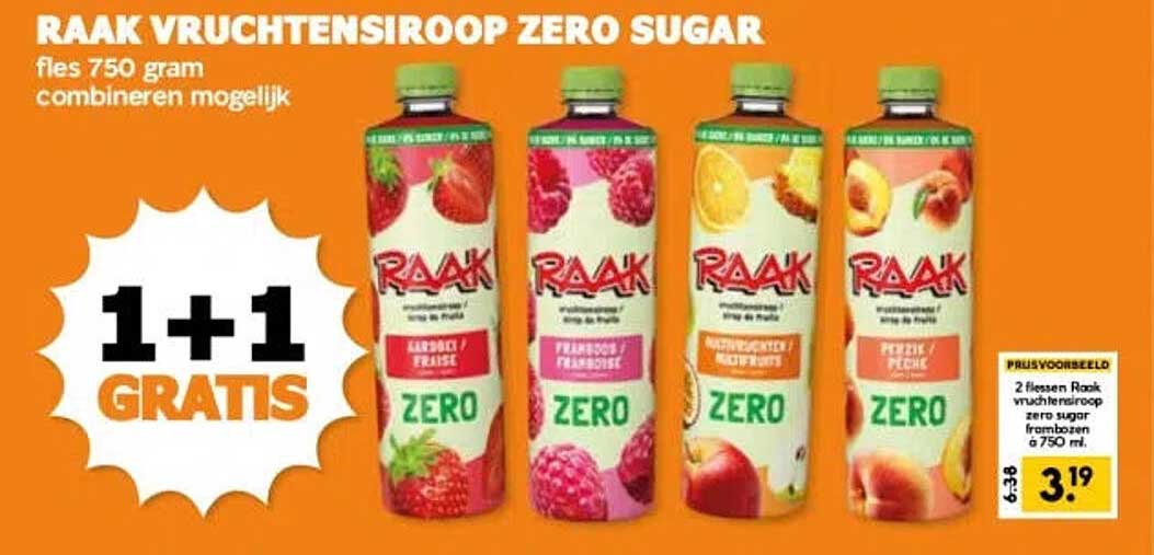 RAAK vruchtensiroop zero sugar fles 750 gram combineer mogelijk 1+1 gratis