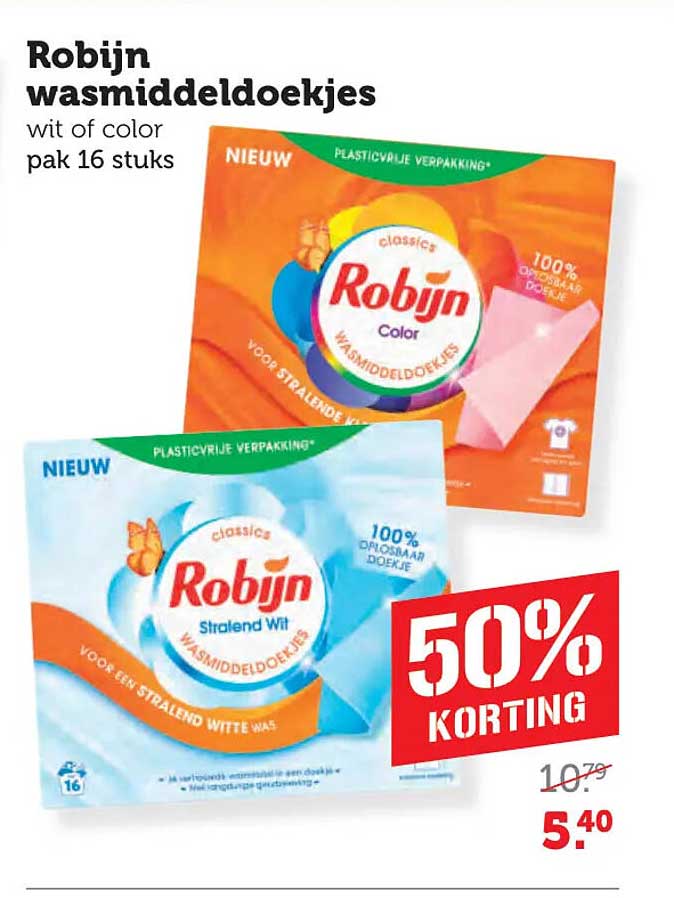 Robijn wasmiddeldoekjes wit of color pak 16 stuks 50% korting