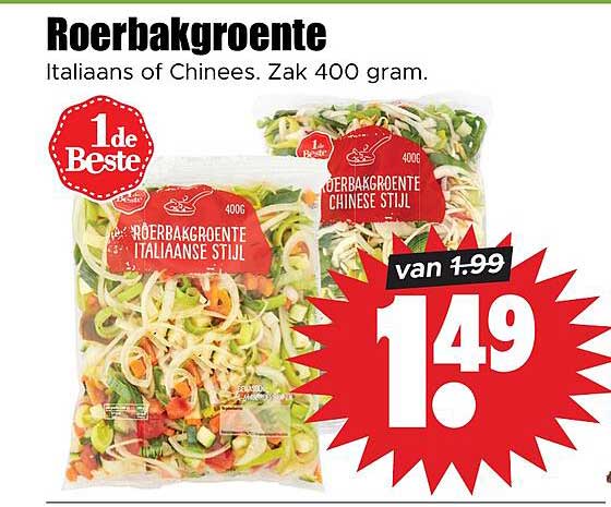Roerbakgroente Italiaans of Chinees. Zak 400 gram. 1de Beste