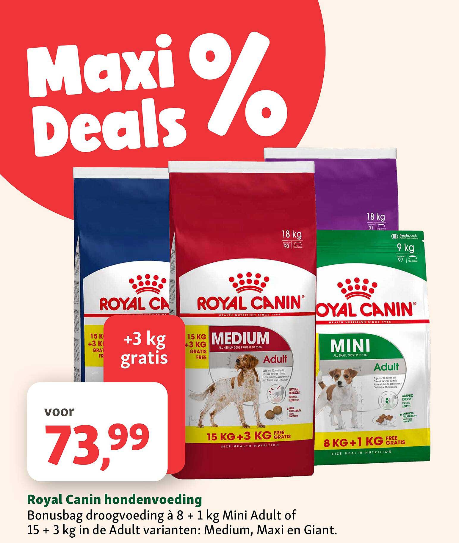 Royal Canin hondenvoeding Bonusbag droogvoeding à 8 + 1 kg Mini Adult of 15 + 3 kg in de Adult varianten: Medium, Maxi en Giant. +3 kg gratis
