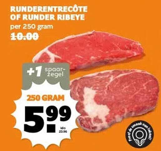 RUNDERENTRECÔTE OF RUNDER RIBEYE per 250 gram +1 spaarzegel