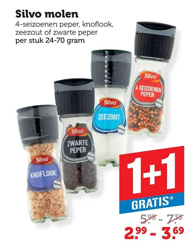 Silvo molen 4-seizoenen peper, knoflook, zeezout of zwarte peper per stuk 24-70 gram 1+1 gratis