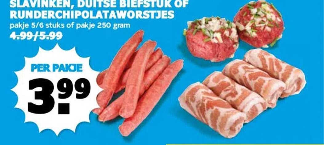 SLAVINKEN, DUITSE BIEFSTUK OF RUNDERCHIPOLATAWORSTJES