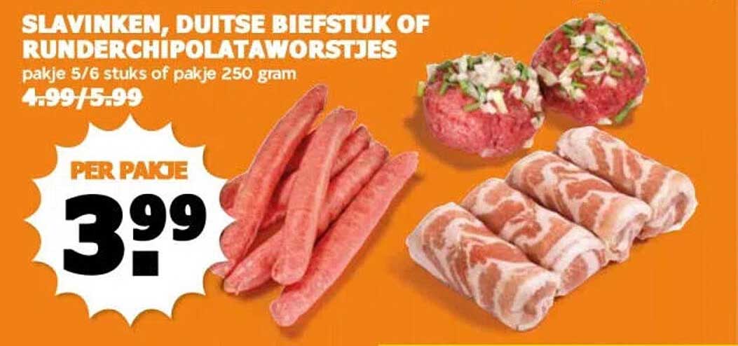 SLAVINKEN, DUITSE BIEFSTUK OF RUNDERCHIPOLATAWORSTJES