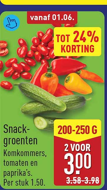Snack-groenten Komkommers, tomaten en paprika's. Per stuk 1.50. 200-250 G 2 VOOR 3.00