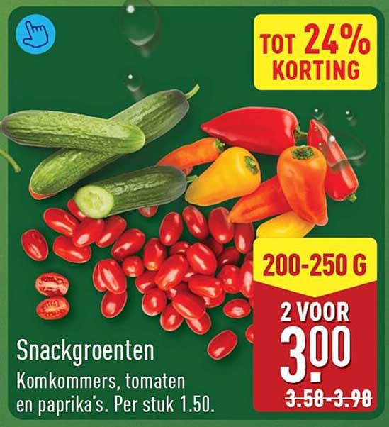 Snackgroenten Komkommers, tomaten en paprika's. Per stuk 1.50. TOT 24% KORTING 200-250 G 2 VOOR 3.00