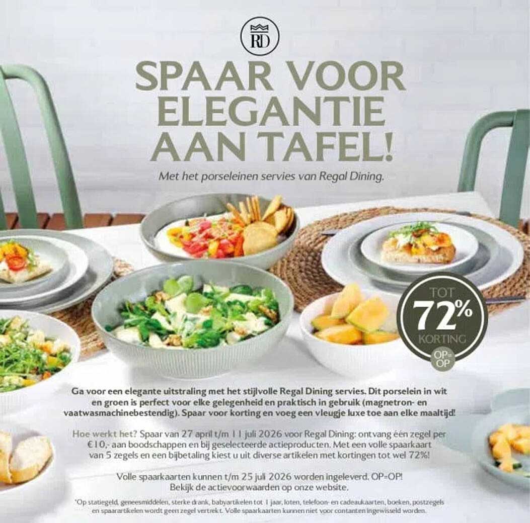 Spaar voor elegantie aan tafel! Met het porseleinen servies van Regal Dining.