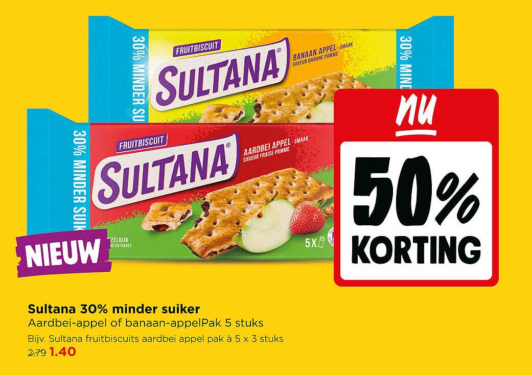 Sultana 30% minder suiker Aardbei-appel of banaan-appelPak 5 stuks 50% korting