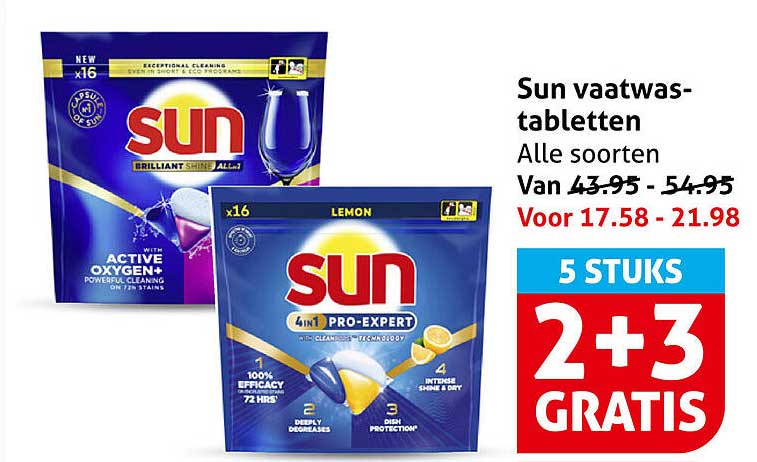 Sun vaatwastabletten Alle soorten 5 stuks 2+3 GRATIS
