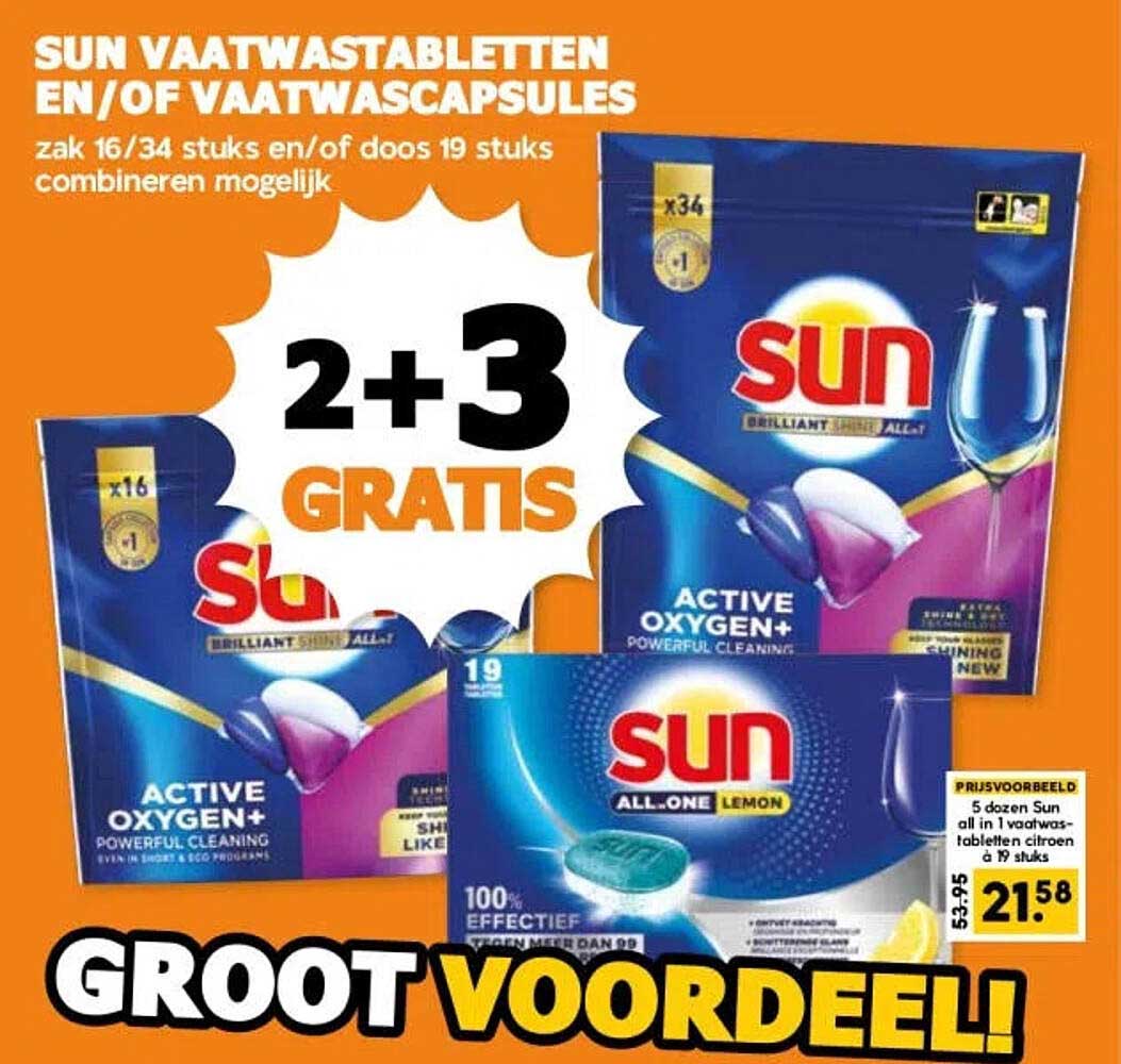 SUN VAATWASTABLETTEN EN/OF VAATWASCAPSULES 2+3 GRATIS