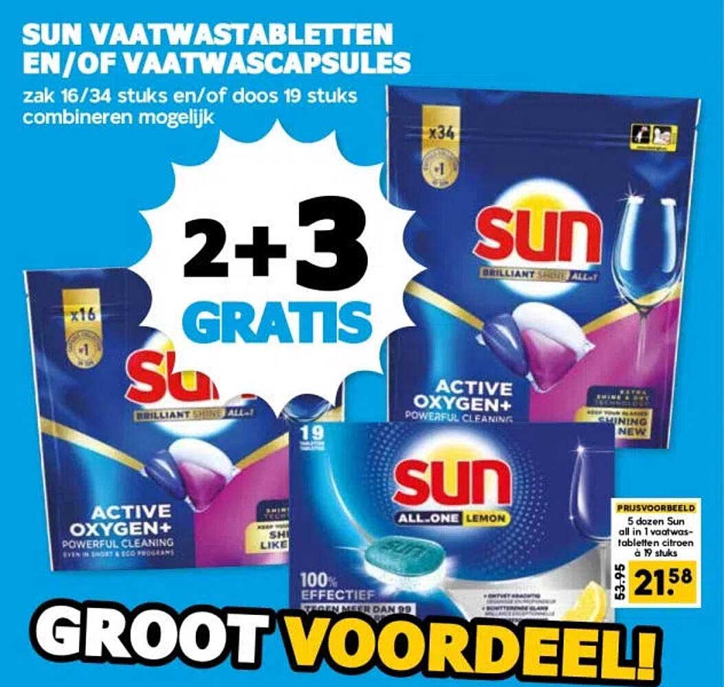 SUN VAATWASTABLETTEN EN/OF VAATWASCAPSULES 2+3 GRATIS