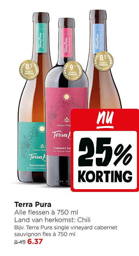 Terra Pura Alle flessen à 750 ml Land van herkomst: Chili Bijv. Terra Pura single vineyard cabernet sauvignon fles à 750 ml nu 25% korting