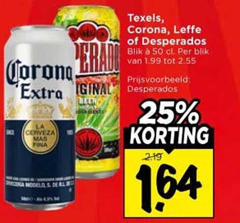 Texels, Corona, Leffe of Desperados 25% KORTING