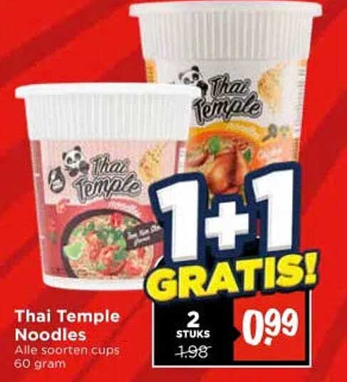 Thai Temple Noodles Alle soorten cups 60 gram 1+1 GRATIS!