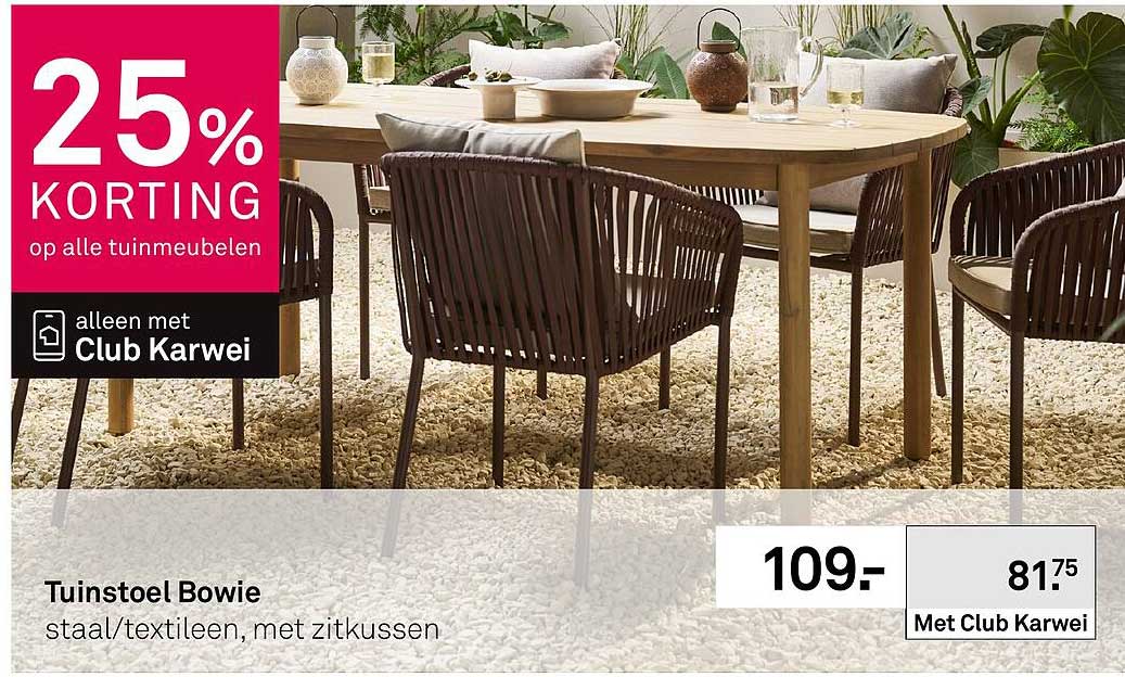 Tuinstoel Bowie staal/textileen, met zitkussen 25% korting op alle tuinmeubelen