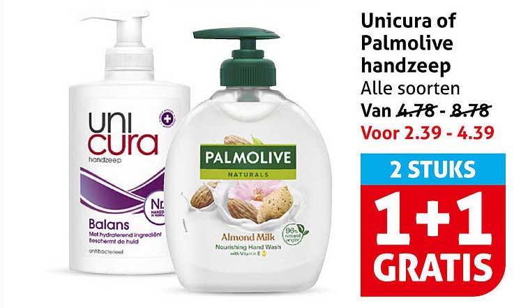 Unicura of Palmolive handzeep Alle soorten 2 STUKS 1+1 GRATIS