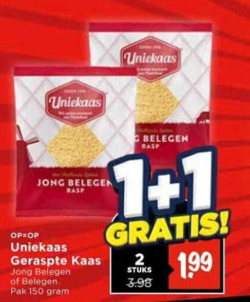 Uniekaas Geraspte Kaas Jong Belegen of Belegen 1+1 GRATIS!