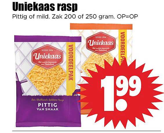 Uniekaas rasp Pittig of mild. Zak 200 of 250 gram. OP=OP