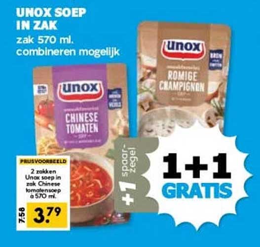 UNOX SOEP IN ZAK 1+1 GRATIS