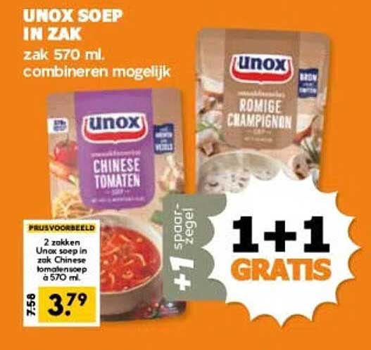 UNOX SOEP IN ZAK 570 ml combineren mogelijk +1 GRATIS