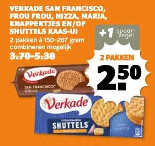 Verkade San Francisco, Frou Frou, Nizza, Maria, Knappertjes en/of Shuttels kaas-ui 2 pakken à 150-267 gram combineren mogelijk +1 spaarzegel