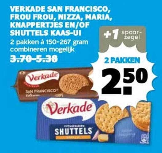 Verkade San Francisco, Frou Frou, Nizza, Maria, Knappertjes en/of Shuttels kaas-ui 2 pakken à 150-267 gram combineren mogelijk +1 spaarzegel