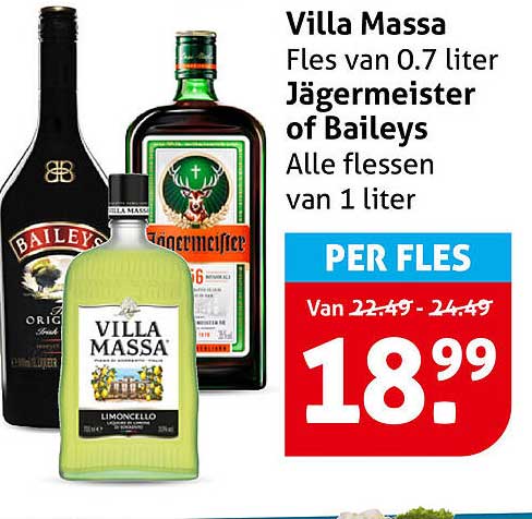 Villa Massa Fles van 0.7 liter Jägermeister of Baileys Alle flessen van 1 liter PER FLES